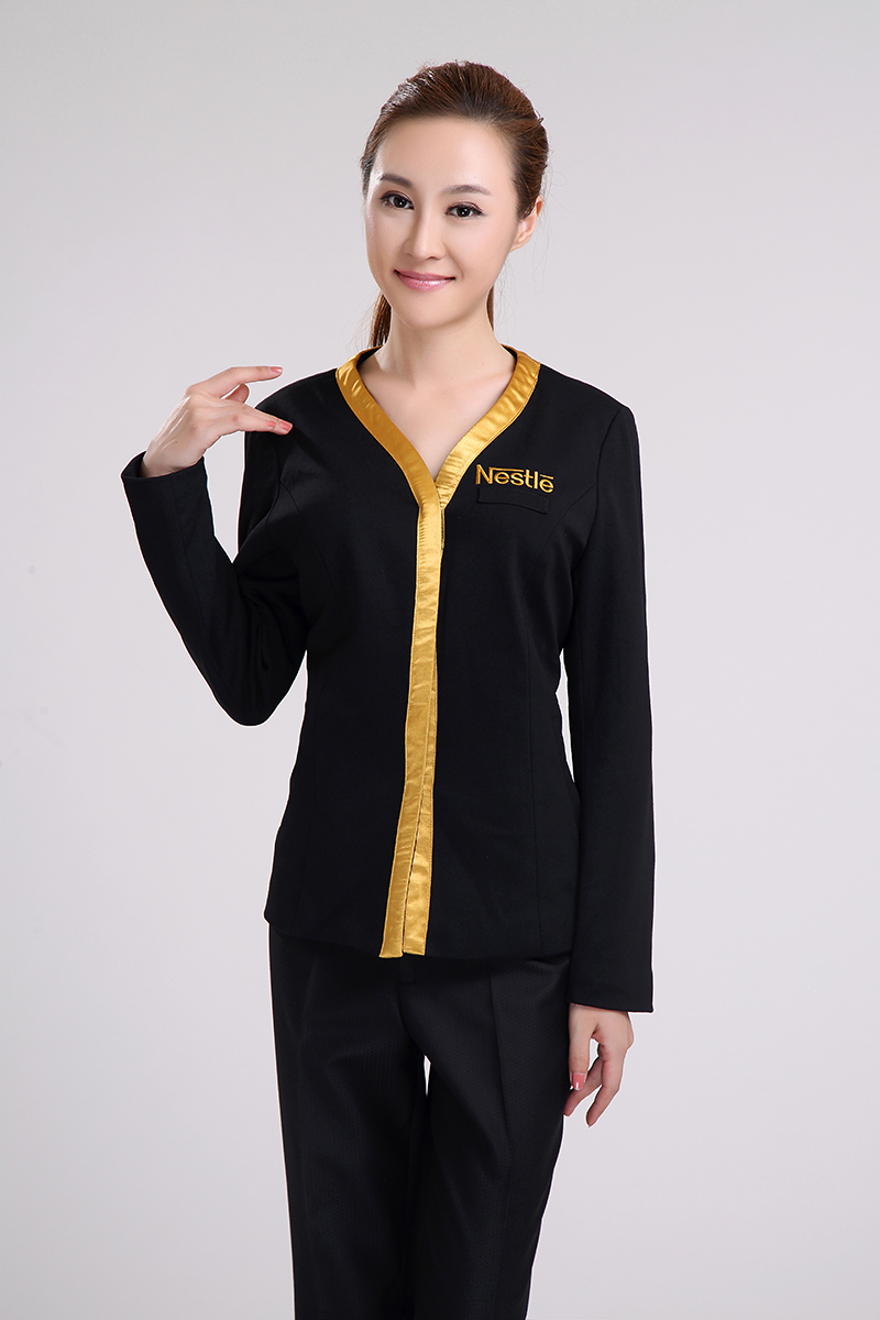 雀巢定制V領黑色長袖促銷服