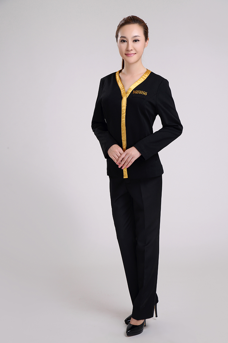 雀巢定制V領黑色長袖促銷服