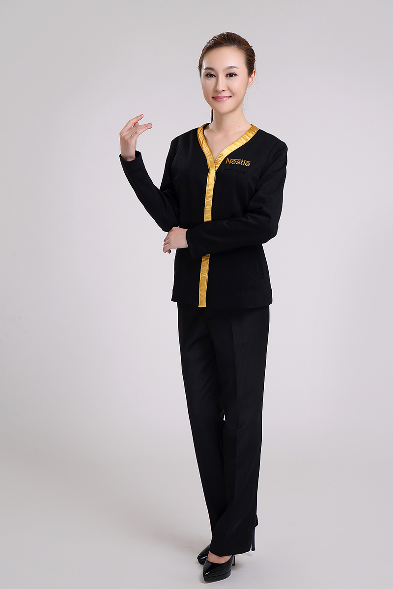 雀巢定制V領黑色長袖促銷服