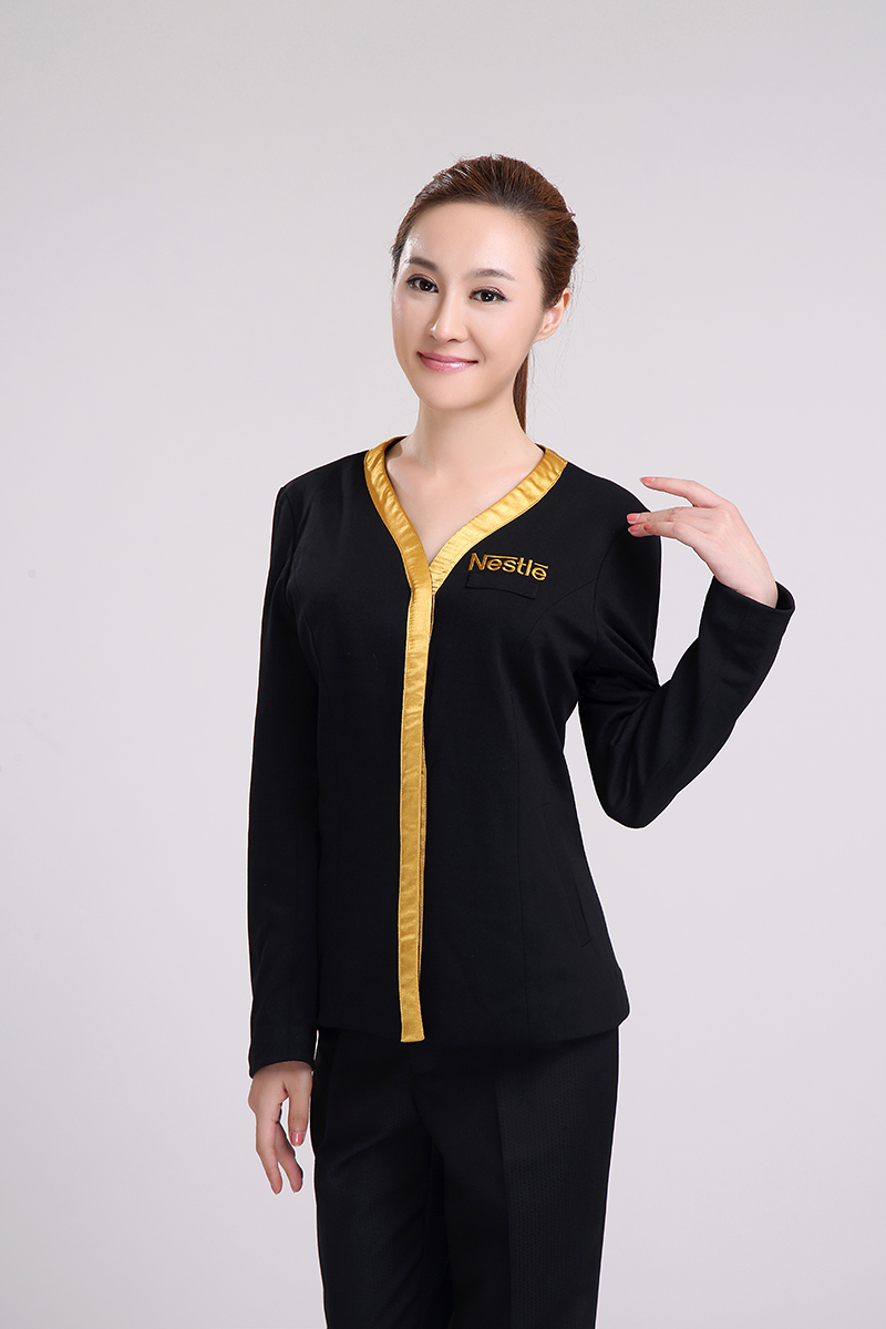 雀巢定制V領黑色長袖促銷服