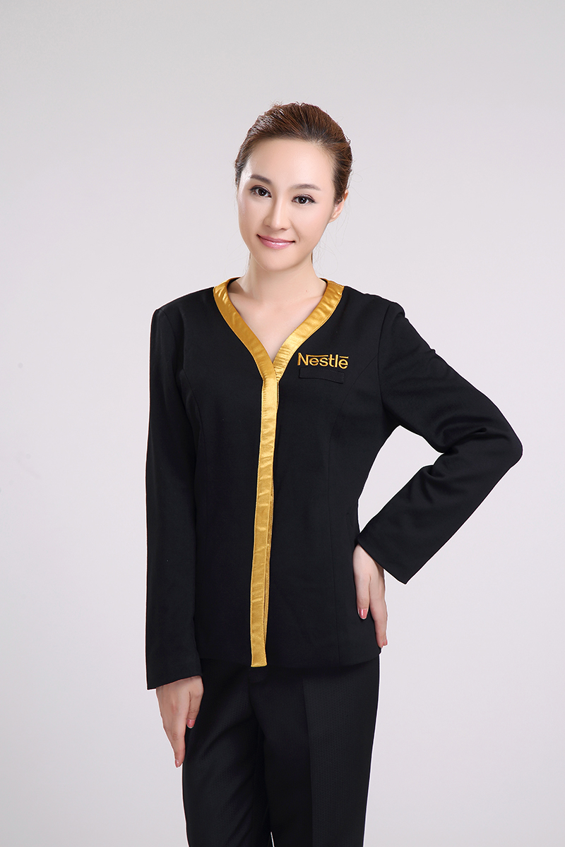 雀巢定制V領黑色長袖促銷服