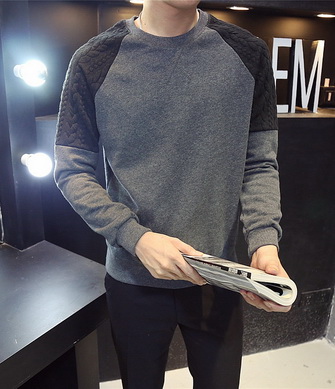 港仔風男士修身拼接加絨加厚  圓領冬裝衛衣青年套頭上衣